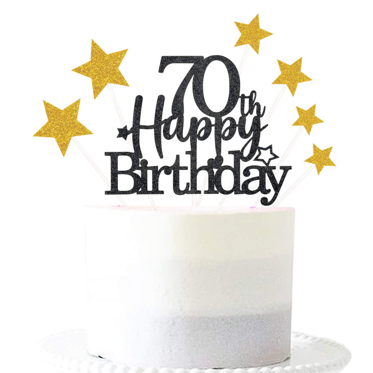 Black Gold 70th Birthday Cake Topper with Glittery Stars (7 Count)