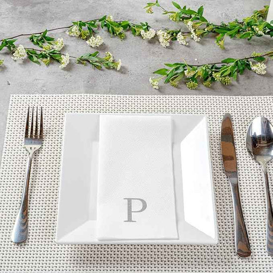 Luxenap 15.8 X 7.9 Inch Linen-Feel Guest Towels, 50 Lettered Hand Towels - Silver Letter 'P', Sans Serif Font, White Paper Dinner Napkins, airlaid, For Restrooms And Tables - Restaurantware