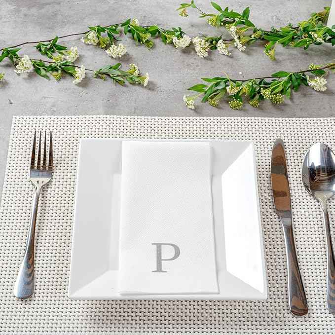 Luxenap 15.8 X 7.9 Inch Linen-Feel Guest Towels, 50 Lettered Hand Towels - Silver Letter 'P', Sans Serif Font, White Paper Dinner Napkins, airlaid, For Restrooms And Tables - Restaurantware