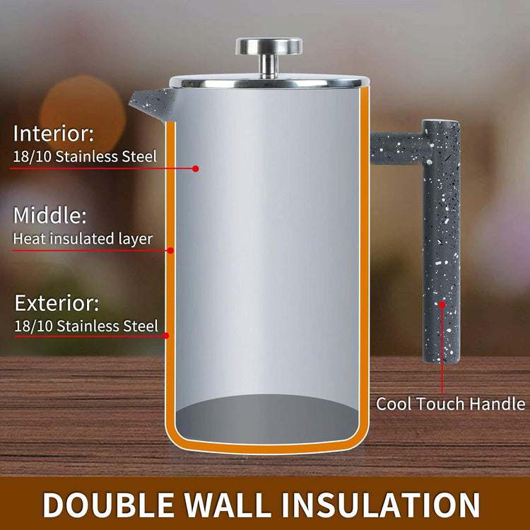 French Press Coffee Maker 34oz with Double-Insulated Stainless Steel Large Metal Coffee Press with 3 Layer Filtration System for Ultimate Coffee Tea Brewing in Travel Camping or Home