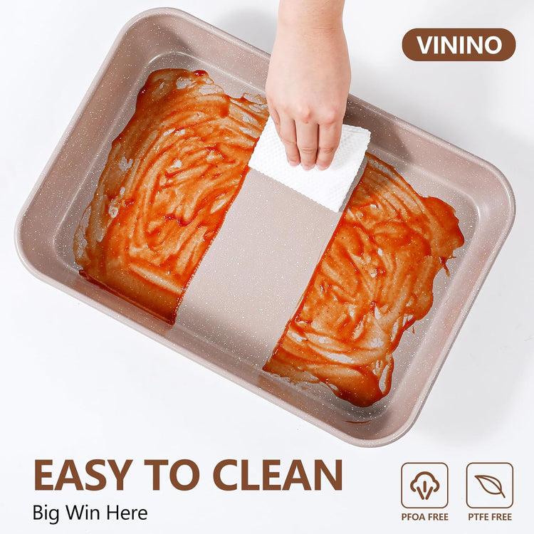 Vinino 6-Piece Baking Pans Set Nonstick, Bakeware Set includes Silicone Muffin, Loaf, Cake Pans with Metal Reinforced Frame. And includes Carbon Steel Roasting Pan, Cookie Sheet for Oven