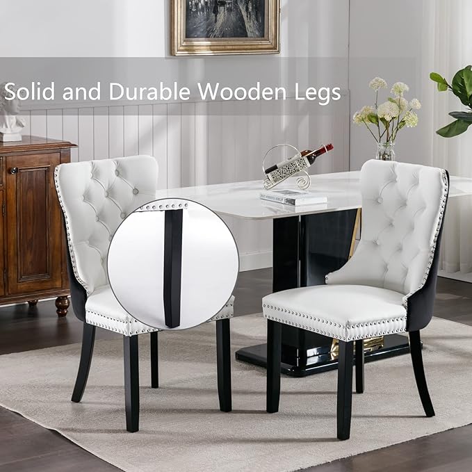 Dining Chairs Set of 2, Upholstered Dining Room Chairs with Back Ring Pull Trim and Solid Wood Legs, Modern Tufted Kitchen Chairs Perfect for Dining Room, White Pu Leather Splicing Black Velvet
