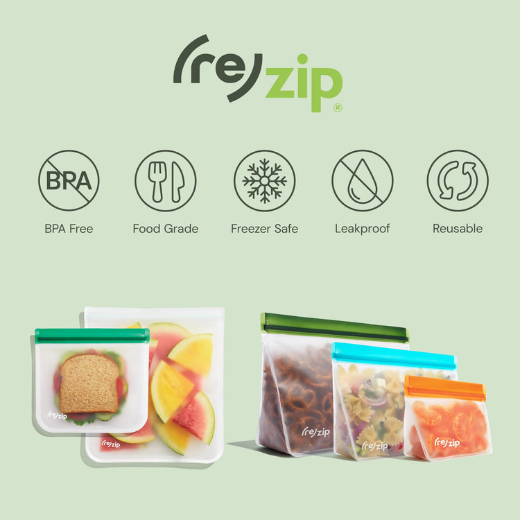 re) zip 3-Piece Stand-Up Reusable Bag Kit | BPA-Free, Food Grade, Leakproof, Freezer and Dishwasher Safe | Quart (1), 2-Cup (1), Snack (1) | Green