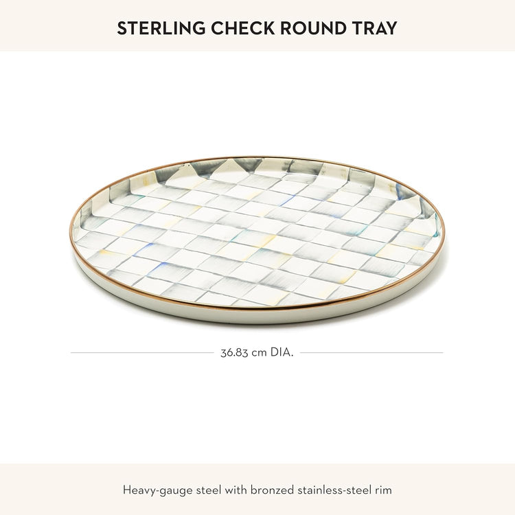 MACKENZIE-CHILDS Enamel Round Tray, Unique Serving Platter for Food and Drinks, Gray-and-White Sterling Check