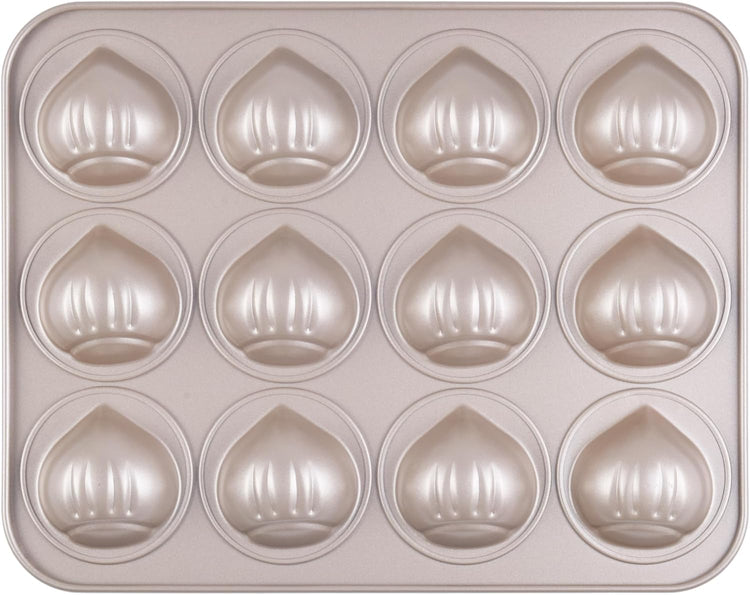 Muffin Cake Pan, Non-Stick 12-Cavity Chestnut-Shaped Bakeware for Oven Baking (Champagne Gold)