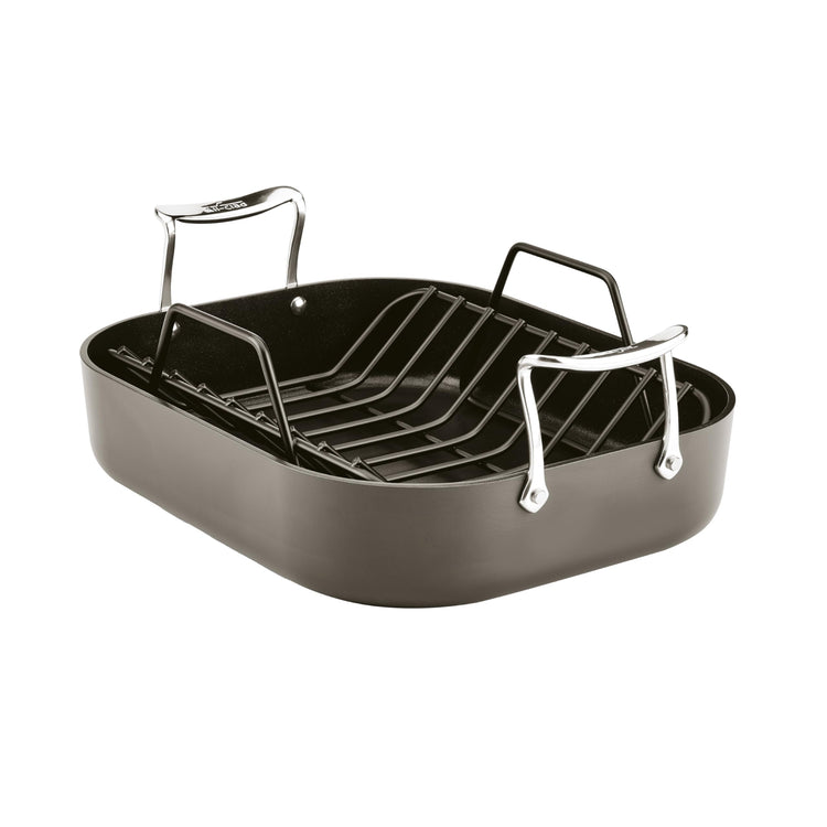 Essentials Hard Anodized Nonstick Roaster with Rack 11x14 Inch Oven Broiler Safe 500F Roaster Pan