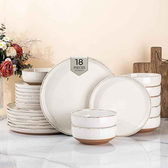 AmorArc 18 Pieces Ceramic Dinnerware Sets for 6, Handpainted Stoneware Plates and Bowls Set with Rustic Terracotta Underside, Scratch Resistant Dishes Set, Dishwasher & Microwave Safe