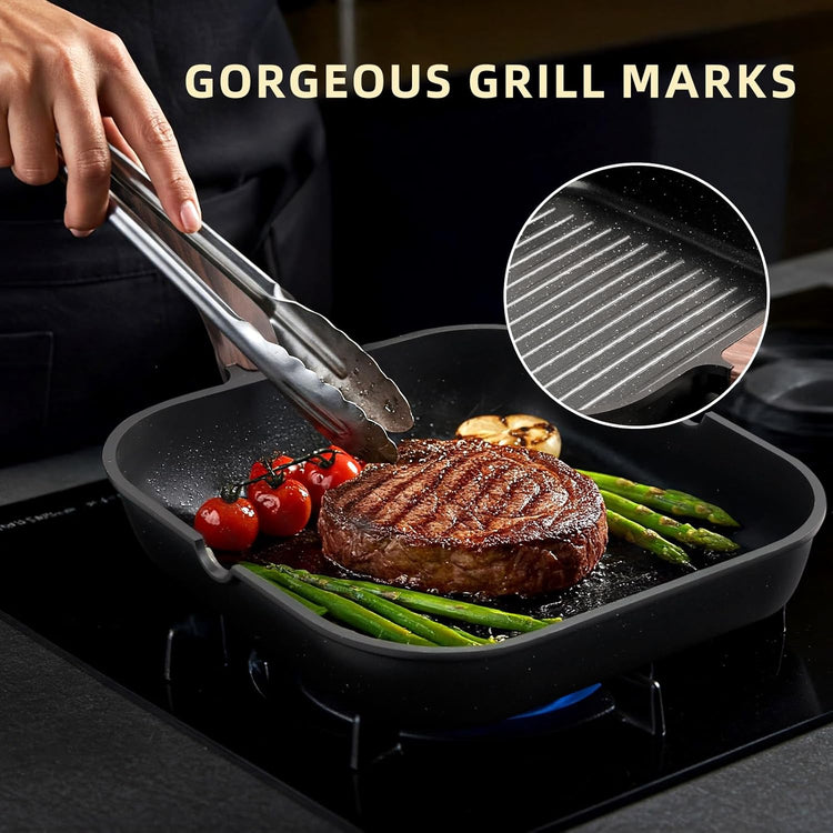 Kikcoin Nonstick Grill Pan for Indoor Cooking，9.5 Inch Versatile Griddle for Stove Tops Steak Pan with Pour Spouts