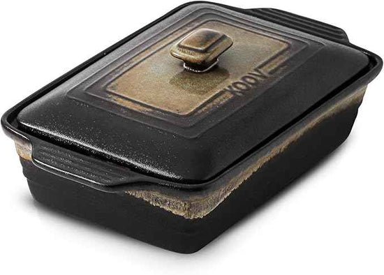 KOOV Ceramic Casserole Dish with Lid, Rectangular Baking Dish Set, Lasagna Pans for Cooking, 9 x 13 Inches, Stripe Series (Rough Black)