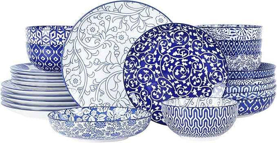 Selamica Ceramic Dinnerware Sets for 6, 24 Piece Plates and Bowls Sets, Scratch Resistant Dishes Set-Dishwasher & Microwave & Oven Safe, Vintage Blue