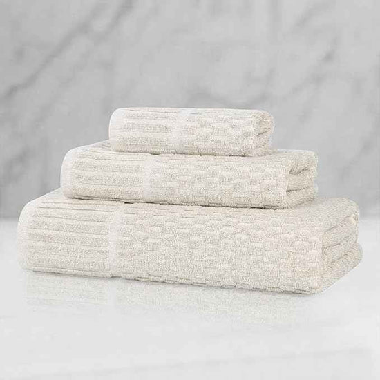 Superior Juno Viscose Cotton Blend Medium Weight Towels, for Bathroom, Shower, Spa, Plush, Quick Dry, Ultra-Soft Towels, Bath Essentials, Border Detail, 3 Piece Assorted Towel Set, Beige