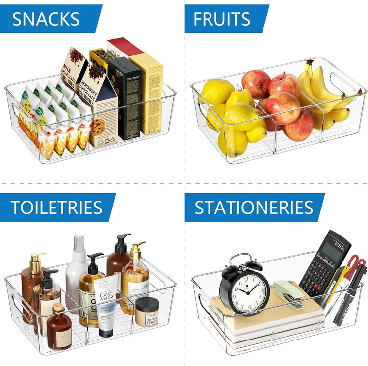4 Pack Clear Pantry Organizers and Storage Bins with Divider, Transparent Plastic Basket, Refrigerator and Fridge Bins