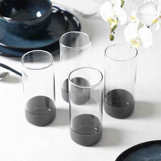 Stone + Lain Mirella 32-Piece Dinnerware and Glassware Set – Service for 8 – Includes Stoneware Plates, Bowls & 8 Tall Borosilicate Glasses – Deep Blue Reactive Glaze Finish