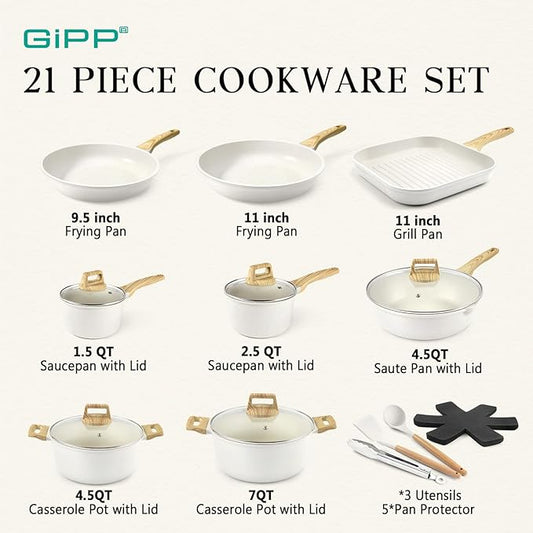GiPP 21Psc Pots and Pans Set Non Stick White Granite Kitchen Cookware Sets Nonstick Induction Cookware Non-toxic Cooking Pan Set with Silicone Utensils, PFOS and PFOA Free