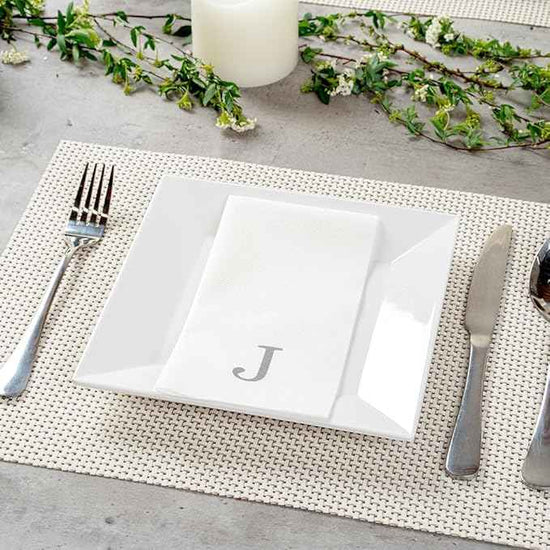 Luxenap 15.8 X 7.9 Inch Linen-Feel Guest Towels, 50 Lettered Hand Towels - Silver Letter 'J', Sans Serif Font, White Paper Dinner Napkins, airlaid, For Restrooms And Tables - Restaurantware
