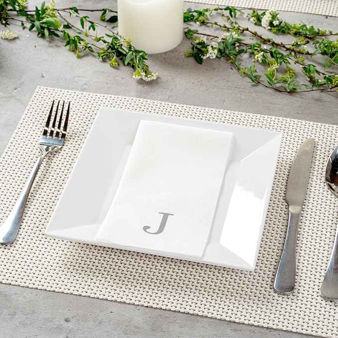 Luxenap 15.8 X 7.9 Inch Linen-Feel Guest Towels, 50 Lettered Hand Towels - Silver Letter 'J', Sans Serif Font, White Paper Dinner Napkins, airlaid, For Restrooms And Tables - Restaurantware