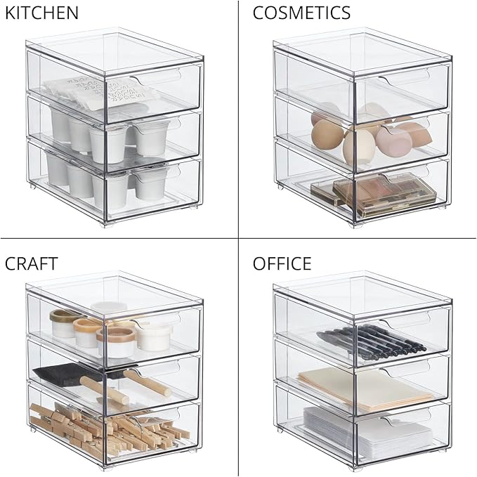 mDesign Plastic Stackable Organizer with 3 Drawers - Pull-Out Drawer Storage Bin for Bathroom Sink/Cabinet Organization - Perfect for Makeup, Small Towels, and More - Lumiere Collection, Clear