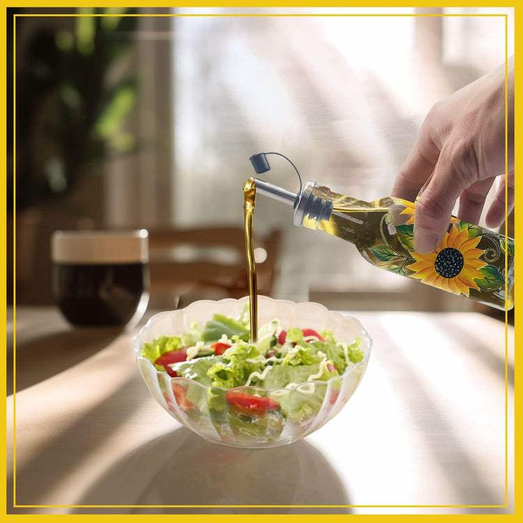 7oz Hand Painted Glass Olive Oil Bottle Dispenser - 200ml Green Oil & Vinegar Cruet with Pourers - Olive Oil Carafe Decanter for Kitchen (Sunflower)