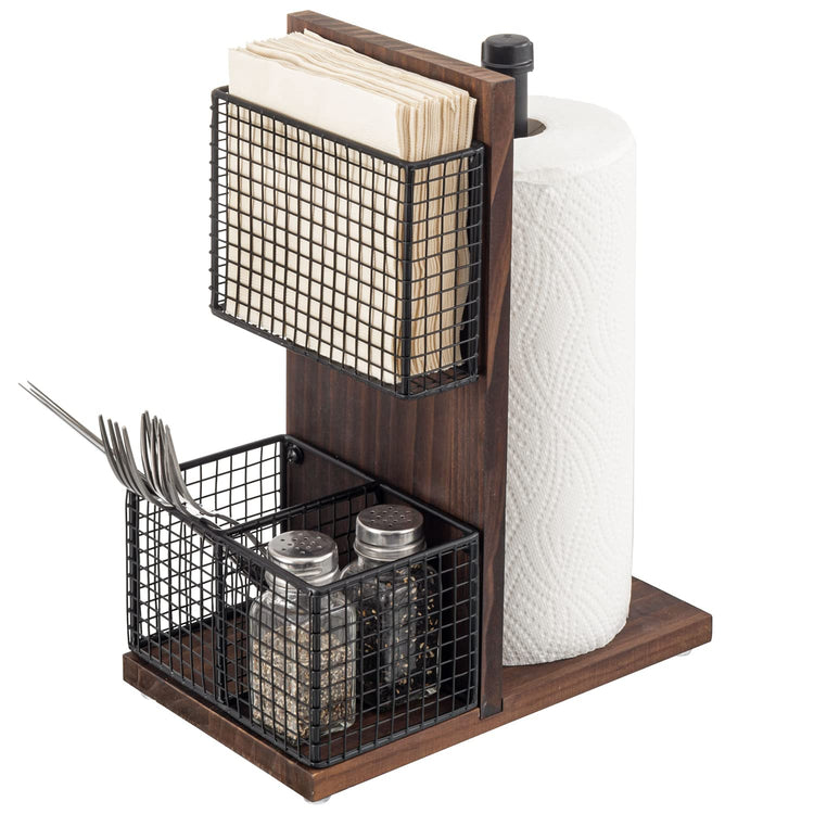 3-in-1 Kitchen Organizer with Paper Towel Holder, Napkin Holder & Spice Rack - Rustic Wood & Industrial Metal Pipe Caddy for Farmhouse Dining Table