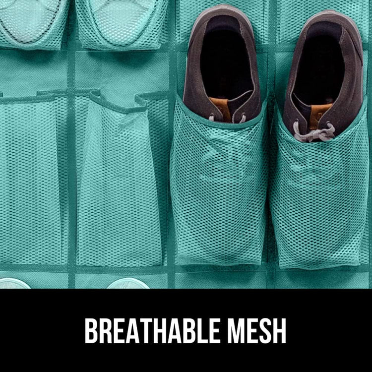 GORILLA GRIP Over the Door Shoe Organizer, 24 Large Breathable Mesh Pockets, Space Saving Hanging Storage Holder, Closet Rack Hanger Holds Up to 40 lbs, Hangs on Closets, Shoes, Accessories, Turquoise