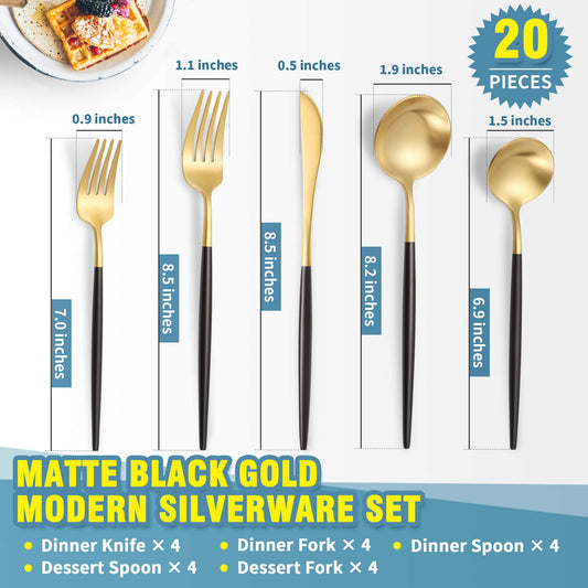 Matte Black Gold Silverware Set for 4 (12 Count)