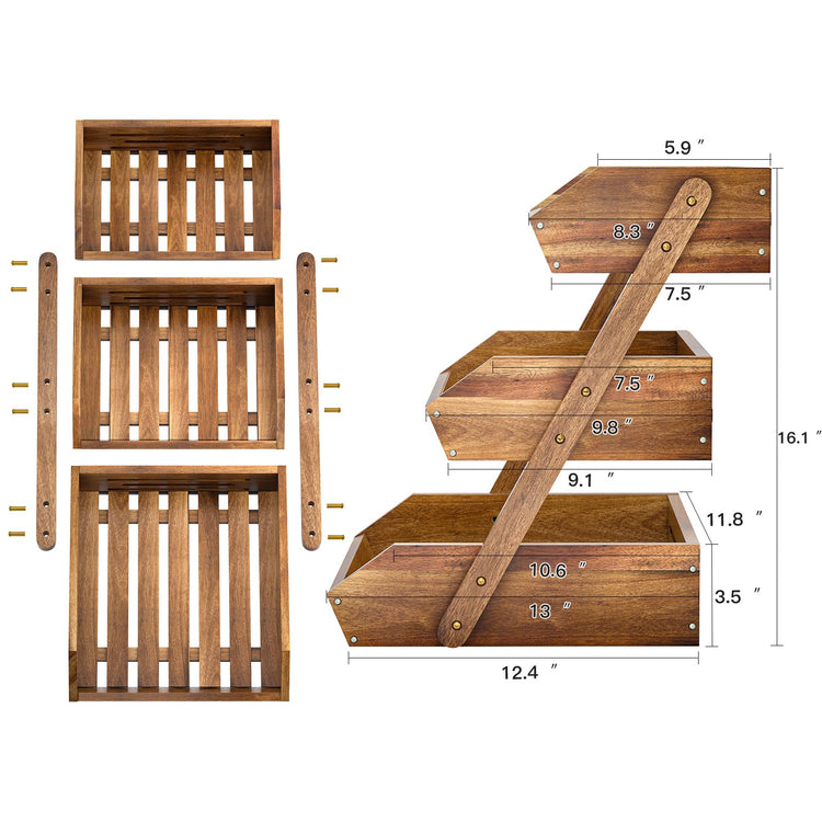 3 Tier Acacia Wood Fruit Basket for Kitchen