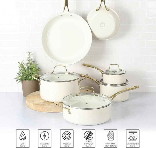 Martha Stewart Lockton Premium Non stick Non Toxic PFA Free Ceramic Interior 10 Piece Heavy Gauge Enamel Aluminum Pots and Pans Cookware Set - Linen White w/Gold Handle