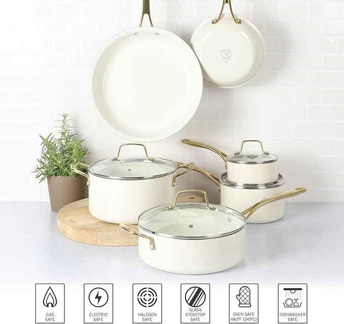 Martha Stewart Lockton Premium Non stick Non Toxic PFA Free Ceramic Interior 10 Piece Heavy Gauge Enamel Aluminum Pots and Pans Cookware Set - Linen White w/Gold Handle