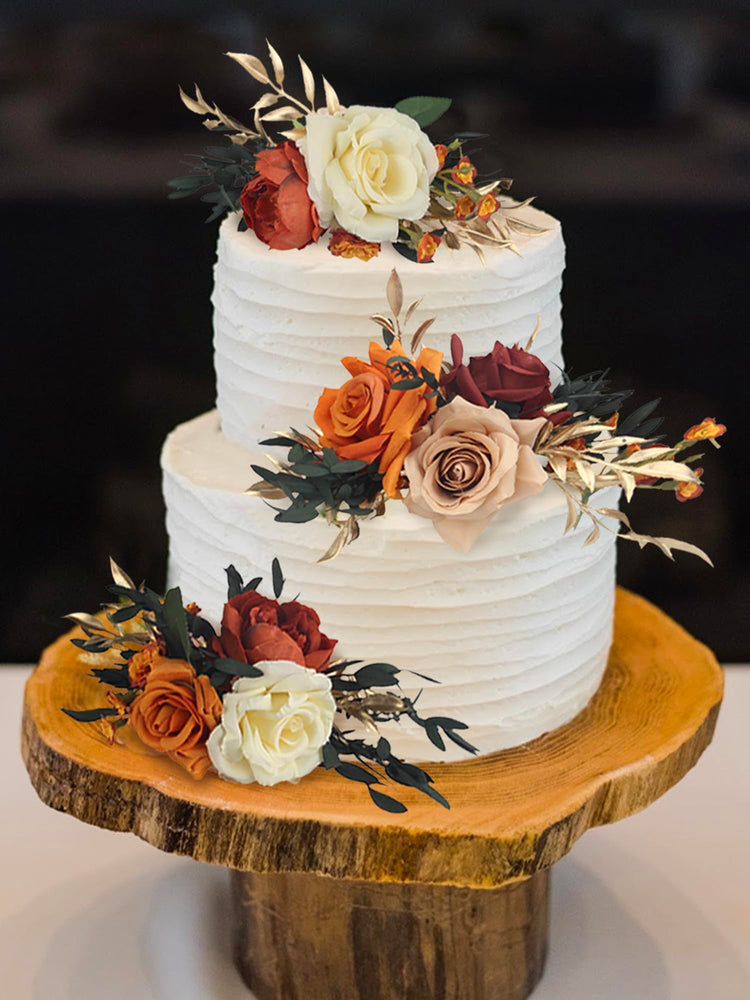 3Pcs Pre made Cake Topper Cake Decorating Flowers for Cake Decor Boho Burnt Orange Fall Cake Flowers for Wedding Baptism Birthday Party Bridal Baby Shower (3 Count)