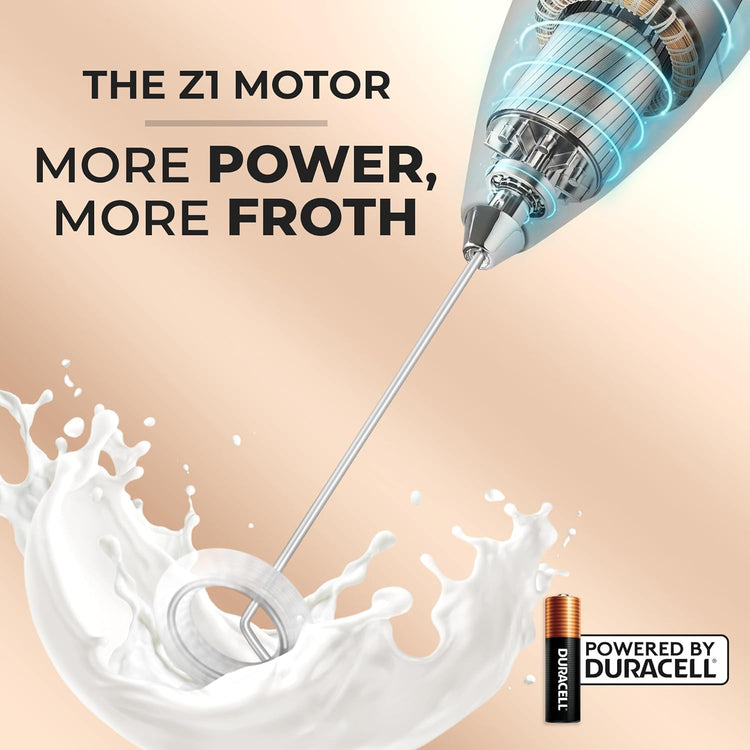 Zulay Powerful Milk Frother (4 Duracell Batteries Included) - Handheld Milk Frother Wand Drink Mixer for Coffee - Powerful Milk Foamer for Cappuccino, Frappe, Matcha - Exec Grey/Black/Black Stand