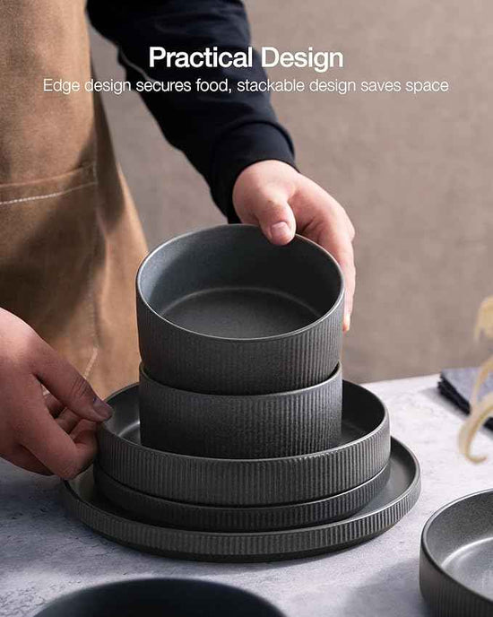 Famiware Star Dinnerware Set with Pasta Bowls, Service for 6 (24 Pieces), Ribbed Stoneware Plates and Double Bowls Sets - Chip & Scratch Resistant, Microwave & Dishwasher Safe, Matte Dark Charcoal