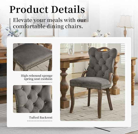 Grey Velvet Dining Chairs Set of 4，Modern Upholstered Dining Room Chairs with Tufted Back and Wood Accents, Curved Solid Wood Legs & Nailhead Trim, Sillas De Comedor Modernas 4