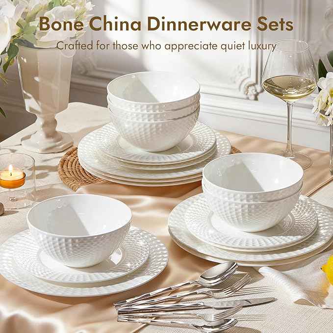 KINGSTONE Bone China Dinnerware Set, 24-Piece White Lightweight Porcelain for 8, Plates and Bowls with Rhombus patterned edge design, Microwave and Dishwasher Safe, for Family, Restaurant, Gifting