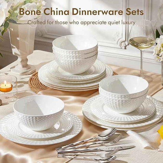 KINGSTONE 12-piece Bone China Dinnerware Set and 20-piece silverware, White Lightweight Porcelain for 4, Plates, Bowls with matching flatware, Microwave and Dishwasher Safe, for Family, Gifting