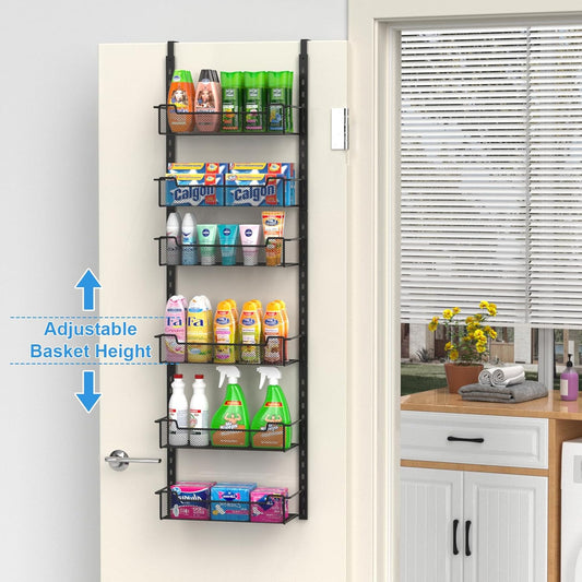 12.3" W Narrow Over the Door Pantry Organizer, 6-Tier Over the Door Organizer with Adjustable Basket, Pantry Door Organization for Pantry Kitchen Storage Room Spice Rack, Black