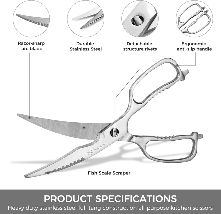 Sunnecko Kitchen Scissors for Food, Heavy Duty Scissors All Purpose Kitchen Shears That Come Apart, 9 Inch Fully Forged Stainless Steel with Curved Blades
