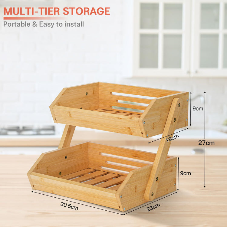 2 Tier Bamboo Fruit Basket for Kitchen Counter