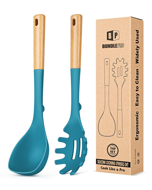 Silicone Soup Ladle and Spaghetti Spoon Set with Wooden Handle (2 Count)