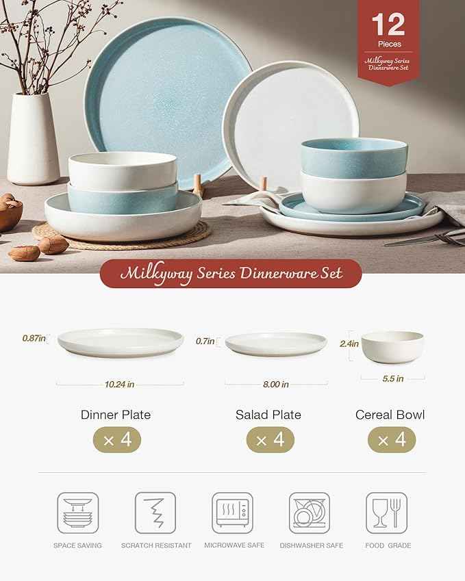 Famiware Milkyway Plates and Bowls Sets, 12 Pieces Dinnerware Sets, Reactive Glaze Dish Set, Stoneware Dishes Set for 4, Matte Beige White & Light Blue