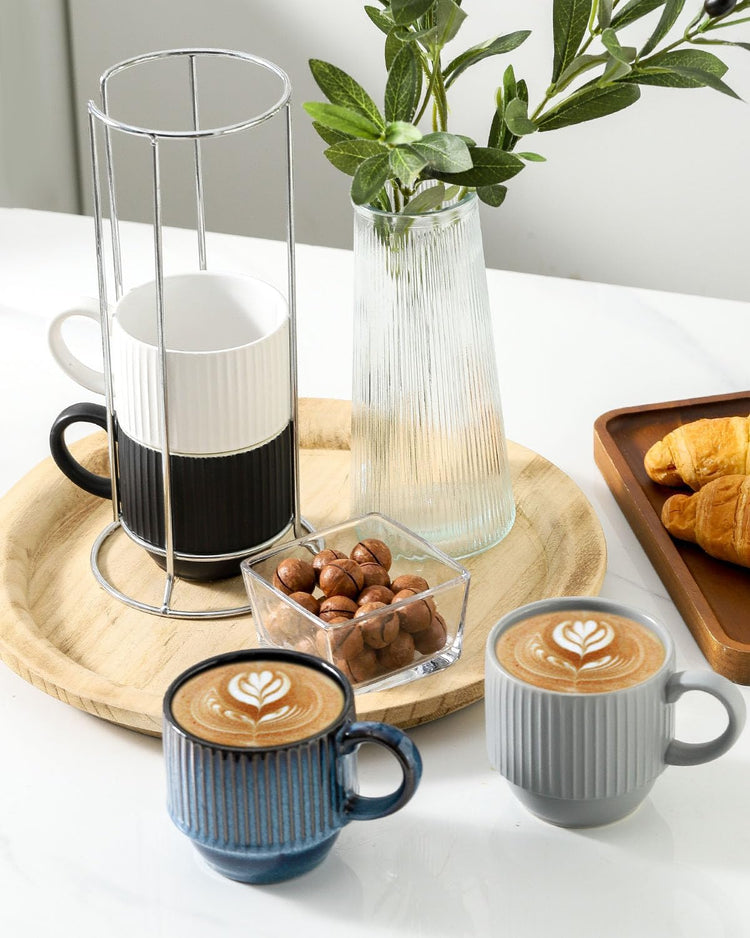 Hasense Ceramic Coffee Mug Set of 4 with Rack - 12 oz Stackable Coffee Cups Ceramic - Modern Ribbed Latte Cup Sets for Cappuccino, Tea, Hot Cocoa, Drinks - Wedding & Housewarming Gifts Multi Colors