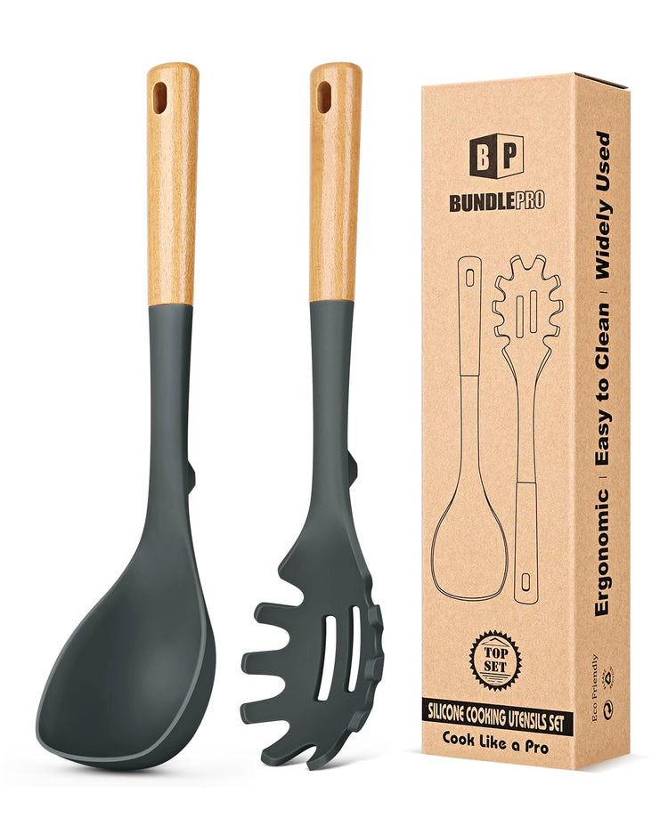 Silicone Soup Ladle and Spaghetti Spoon Set with Wooden Handle (2 Count)