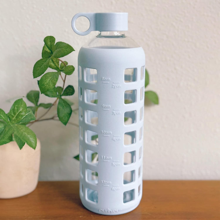 purifyou 40oz / 32oz / 22oz / 12oz Borosilicate Glass Water Bottle with Time & Volume Markers, Silicone Sleeve, Stainless Steel Lid – Reusable Glass Bottle for Water & Juice (40oz Ice Blue)