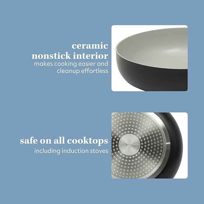 Sur La Table Kitchen Essentials Potluck Porch 4.5 Quart Sauté Pan, Deep Frying Pan Skillet w/Lid Aluminum PFA Free Ceramic Cookware Chef's Pan, Omelet Pan - Induction - Black