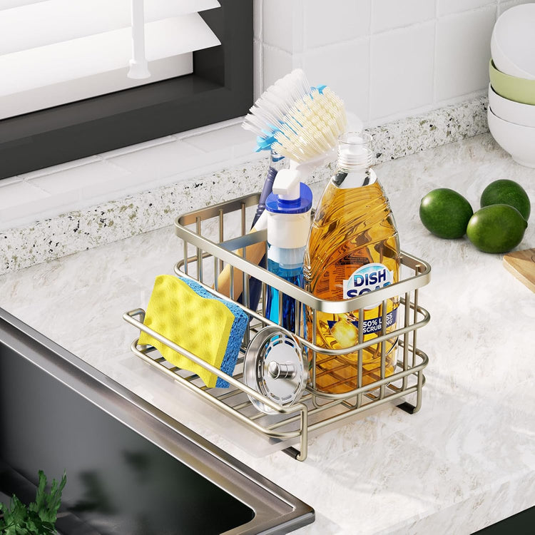 HapiRm Kitchen Sink Caddy Organizer - Versatile Sponge Holder with Drain Tray, SUS304 Stainless Steel Rustproof Kitchen Sink Organizer Storage for Countertop- Brushed Nickel