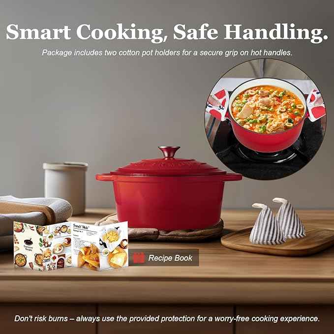 Overmont Enameled Cast Iron Dutch Oven - 4.5QT Pot with Lid Cookbook & Cotton Potholders - Heavy-Duty Cookware for Braising, Stews, Roasting, Bread Baking red