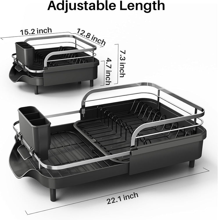SNTD Dish Drying Rack, Expandable Dish Rack for Kitchen Counter, Stainless Steel Dish Drainer with Drainboard Set and Utensil Holder (Black)