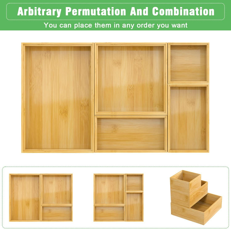 Bamboo Bathroom Drawer Organizer Dividers, Wooden Kitchen Utensil Holder Set of 5, Stackable Junk Drawer Organizer Tray, Multi-Use Storage Bins Boxs for Home, Office, Clothing, Makeup, Jewelry