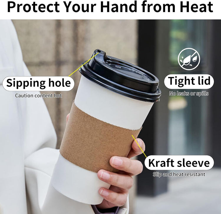 YEEHAW Disposable Coffee Cups with Lids 16 oz 50 Pack, Coffee cups with Lids and Sleeves, To Go Coffee Cups, Hot Paper Cups for Hot Beverages in Party, Family, Office, Upgraded