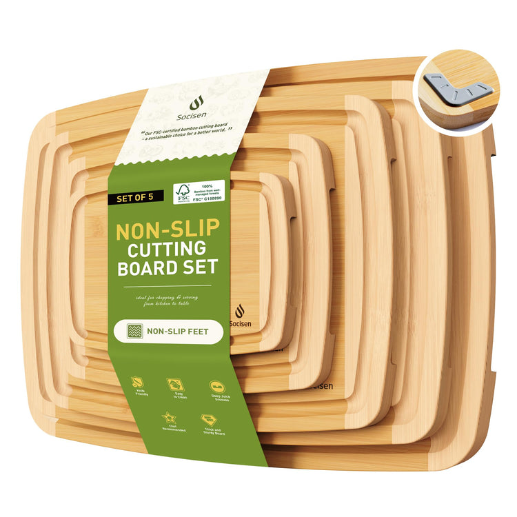 Bamboo Cutting Board Set Non Slip Feet Over Sink Eating Grilling Biard Cutboard Biard Chtting Woodcutting Cuttingboards Voard Oard Bord Dishwasher Safe 12x18 11x14 Baords Baord Veg Utting Ultimate (5 Count)