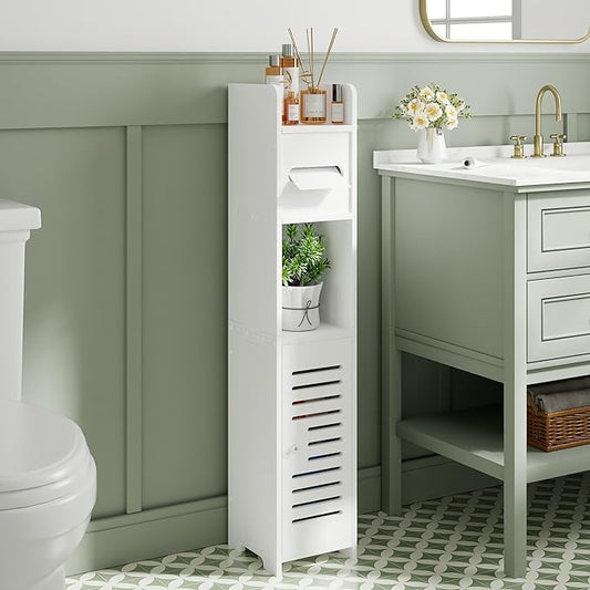 VECELO Storage Cabinet for Small Spaces,Skinny Toilet Paper Holder Stand with Anti-Drop Fence and Roller Storage, White
